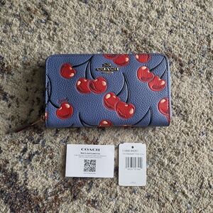 Coach Medium Cherry Zip Around Cherry Wallet in Washed Chambray